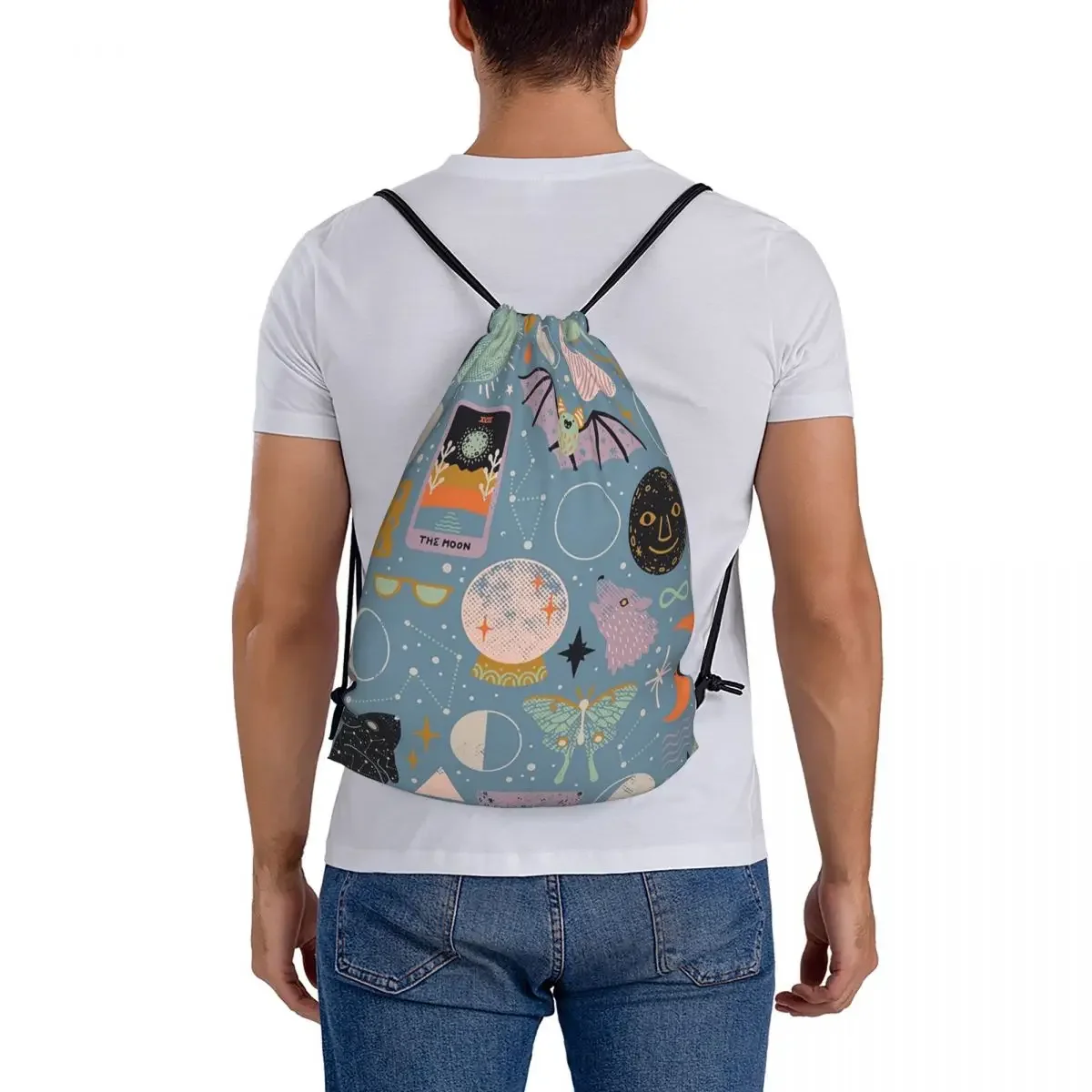 Padrão lunar lua azul mochilas portáteis sacos de cordão pacote bolso diversos saco bookbag para homem mulher escola