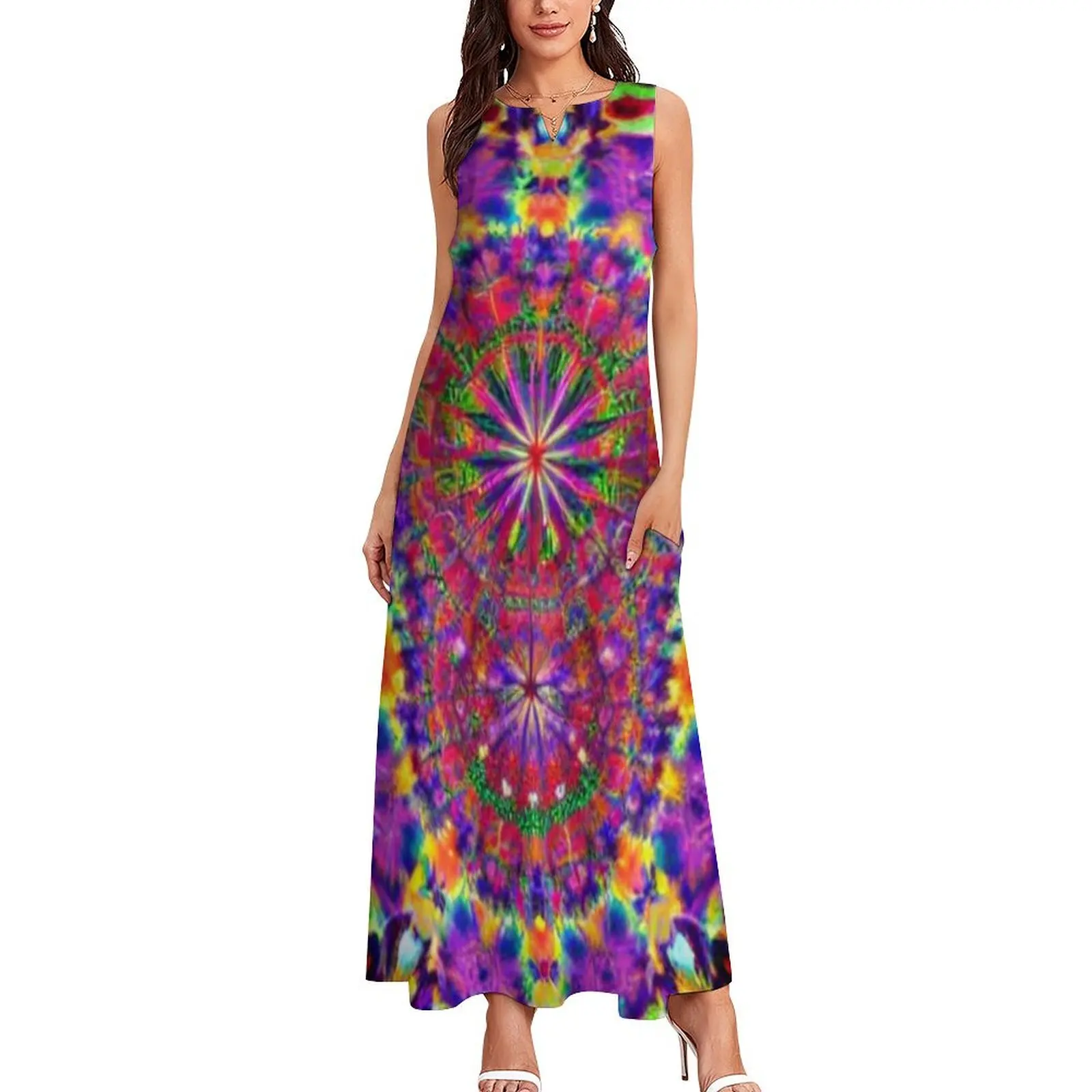 Tie dye vibrant Ai art Disco ball disco fever boogie dance 70s club disco party checkered Long Dress party dresses women Dress