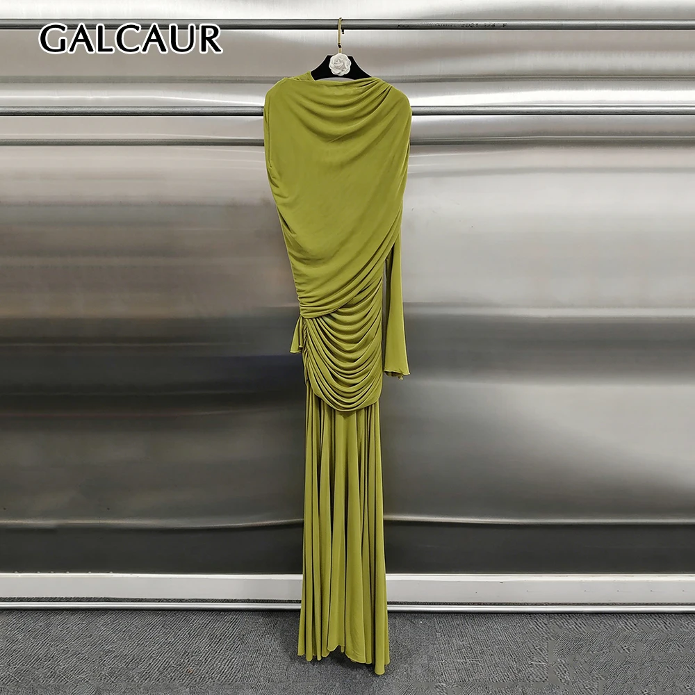 GALCAUR Solid Slimming Midi Dresses for Women Round Neck Long Sleeve Patchwork Folds Minimalism Dress Female Fashion New Style