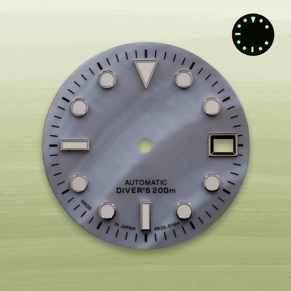 

НОВЫЙ NH35/NH36 S логотип 28,5 мм бревенчатый перламутровый циферблат NH35/36, зеленый светящийся механизм, аксессуары для модификации часов