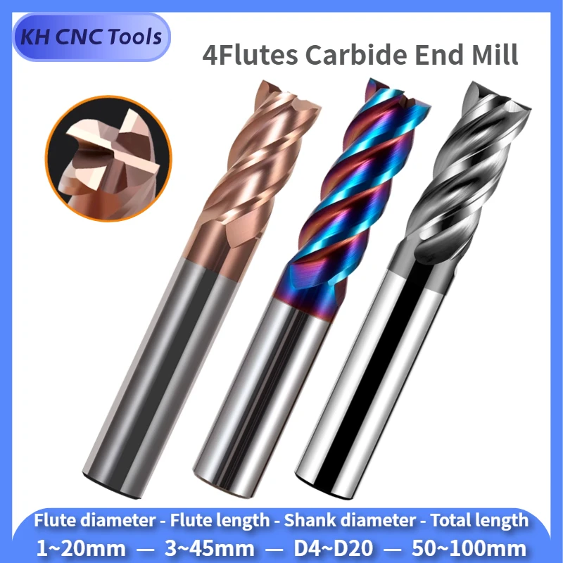 

KH CNC Carbide End Mill 4Flutes Milling Cutter Alloy Coating Cutting Tool CNC Metal Steel Machining Tool End mill