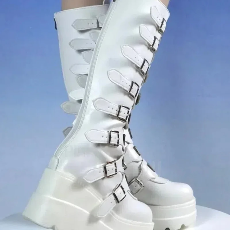 Women White Platform High Boots Multi Buckle Metal Plates Gothic Punk Vintage Style Cosplay Party Chunky Heel Black Boots 3