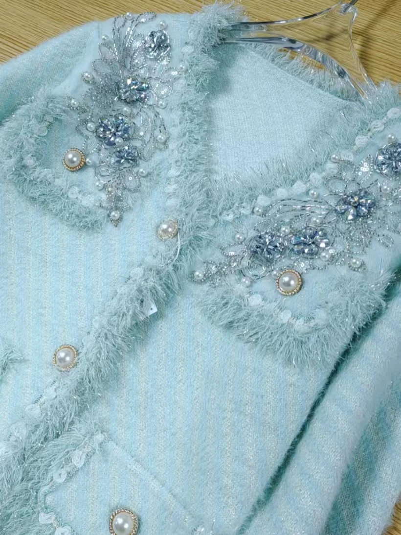 Real Photo Luxury Style Diamonds Flowers Knitwear Cardigan Coat For Women Thick Warm Autumn Winter Sweater Outwear Knit Jacket