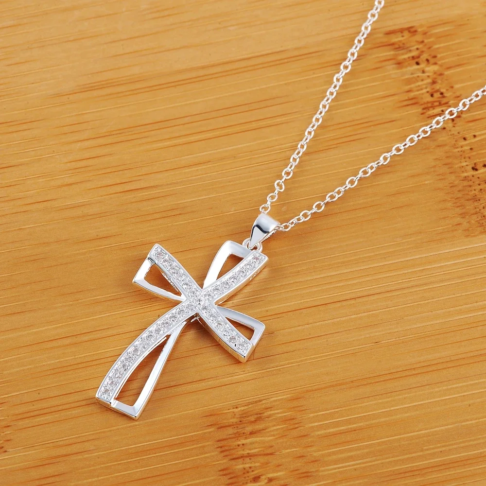 925 Sterling Silver beautiful noble crystal cross pendant Necklace For Women Fashion party wedding brands Jewelry Holiday gifts