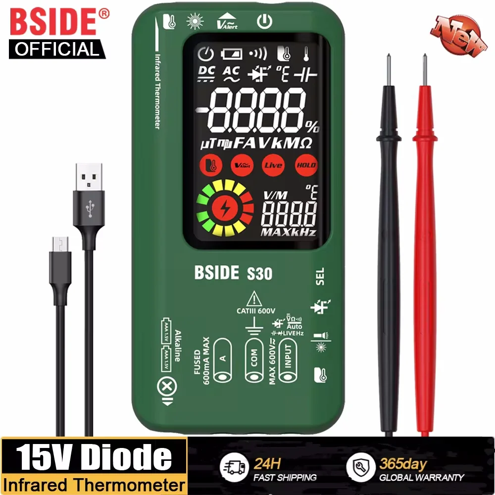 Multímetro Digital BSIDE S30, medición de temperatura infrarroja, probador LED de diodo de 15V, probador inteligente recargable de voltaje CC CA DMM