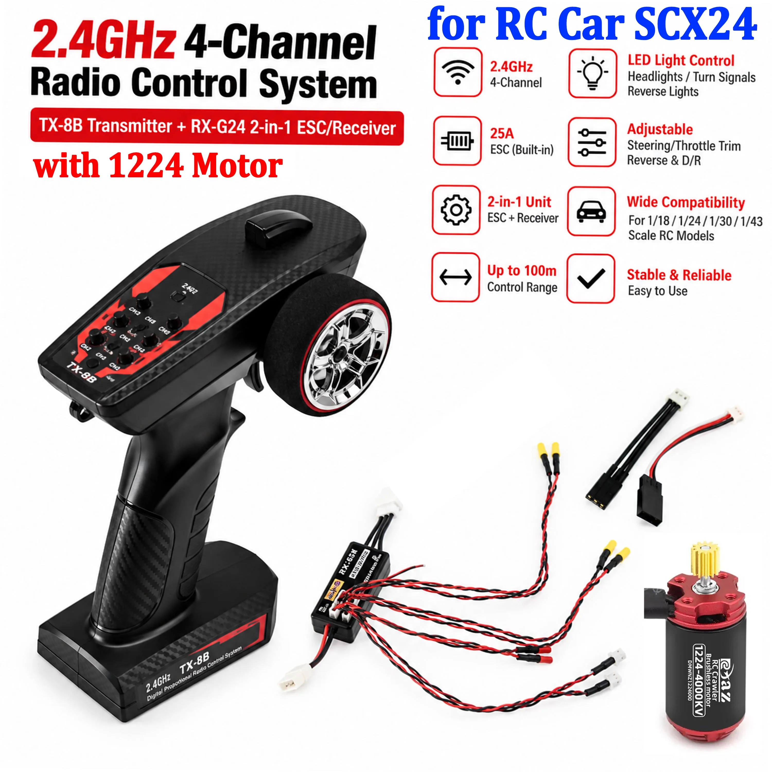 1/24 RC Crawler Brushless Motor Combo 1224 3600KV 4000KV with 25A ESC Receiver 4CH Transmitter LED Light Kit for Axial SCX24