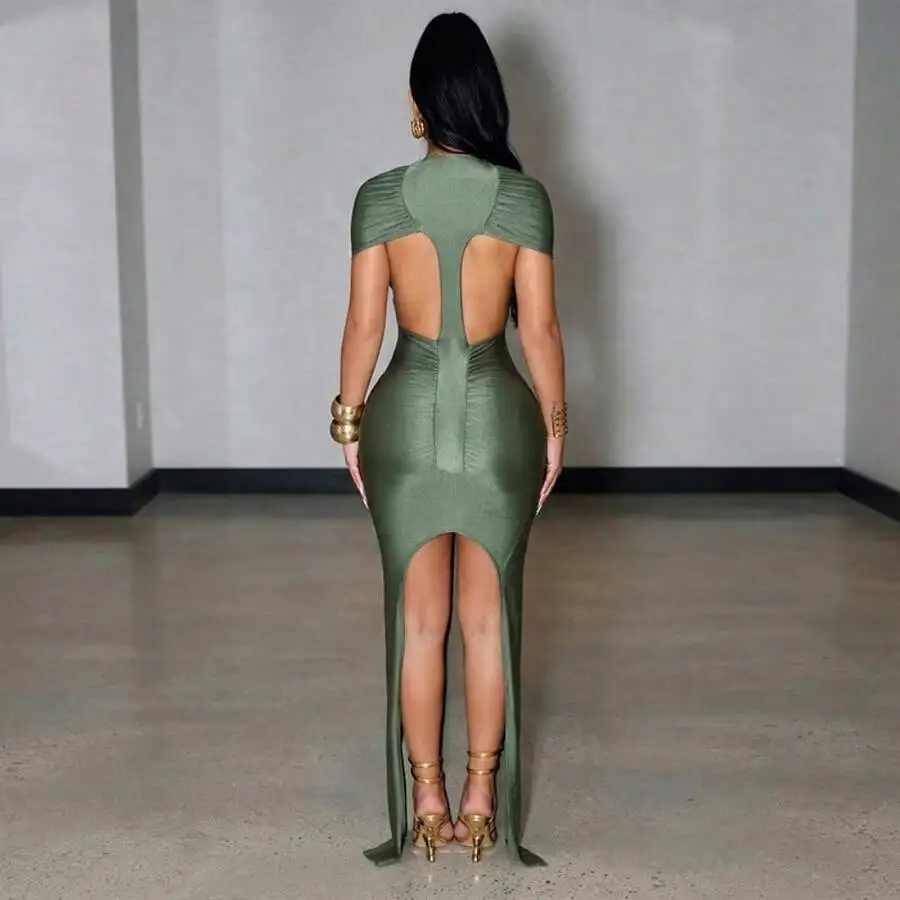 

Womens Solid Color Backless Short Sleeve Slim Fit Dress With High Slit For Streetwear