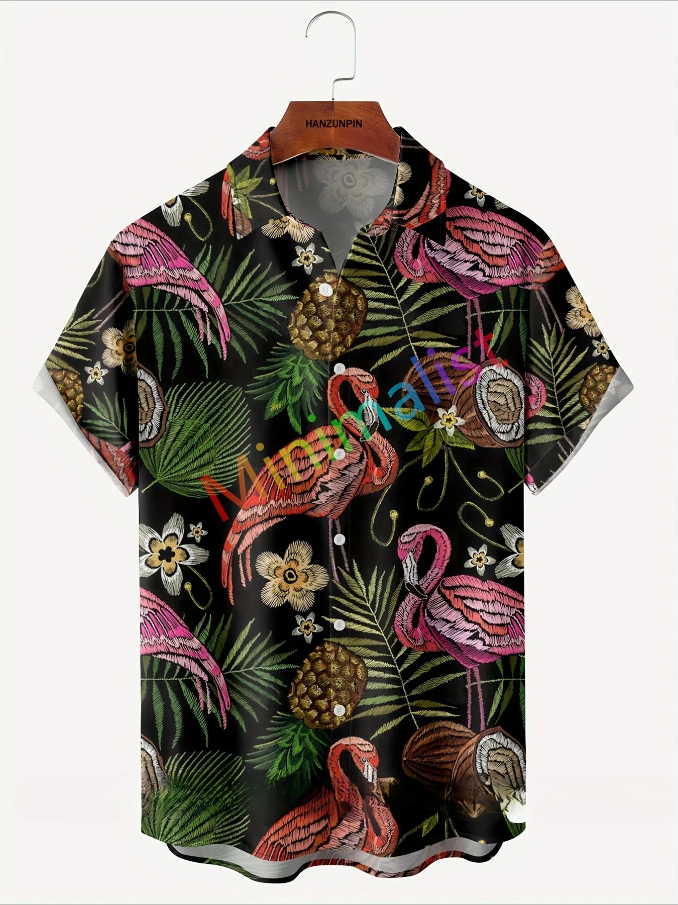 Koszula męska z nadrukiem liści i flamingów na rok 2025, hawajska koszula, codzienna koszula plażowa z krótkim rękawem, modne topy, męska bluzka, odzież letnia.