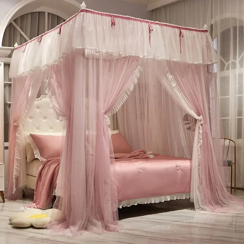 Korean Style Encrypted Double Layer Yarn Mosquito Net for Bedroom, Freestanding Palace Style 3-Door Mosquito Net Without Stand