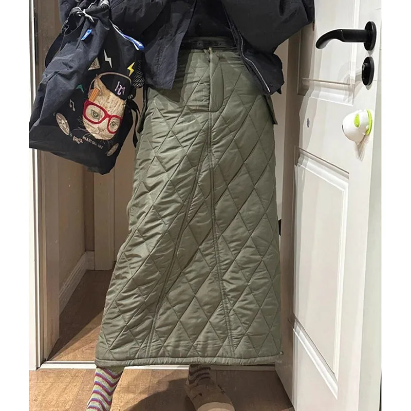

Армейская зеленая стеганая длинная юбка-карандаш с бриллиантами, женская осенне-зимняя утолщенная прямая юбка-карго, теплая свободная клетчатая юбка