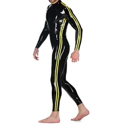 Unisex fashion New Latex Men Black and Yellow Striped Tight Handsome Catsuit Suit 0.4mm  Halloween