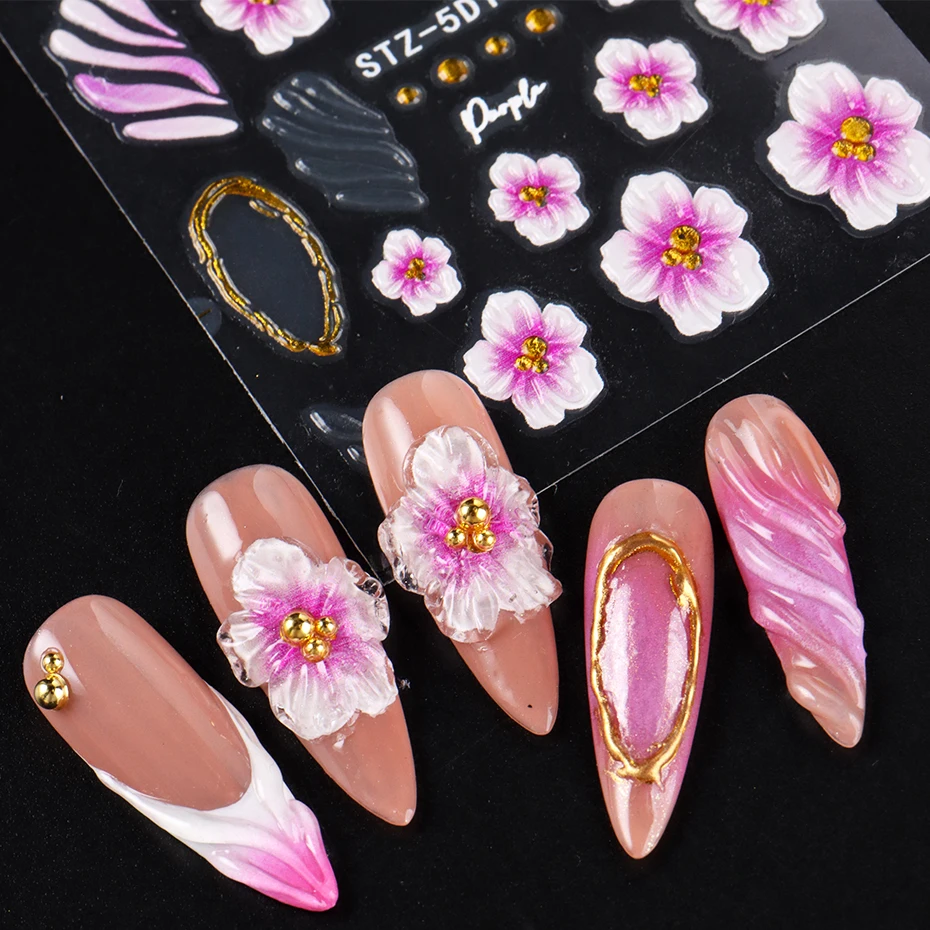 2 uds 5D en relieve Hada orquídea hibisco pegatina artística de uñas gradiente púrpura concha francesa DIY calcomanías deslizadores decoración de manicura puntas