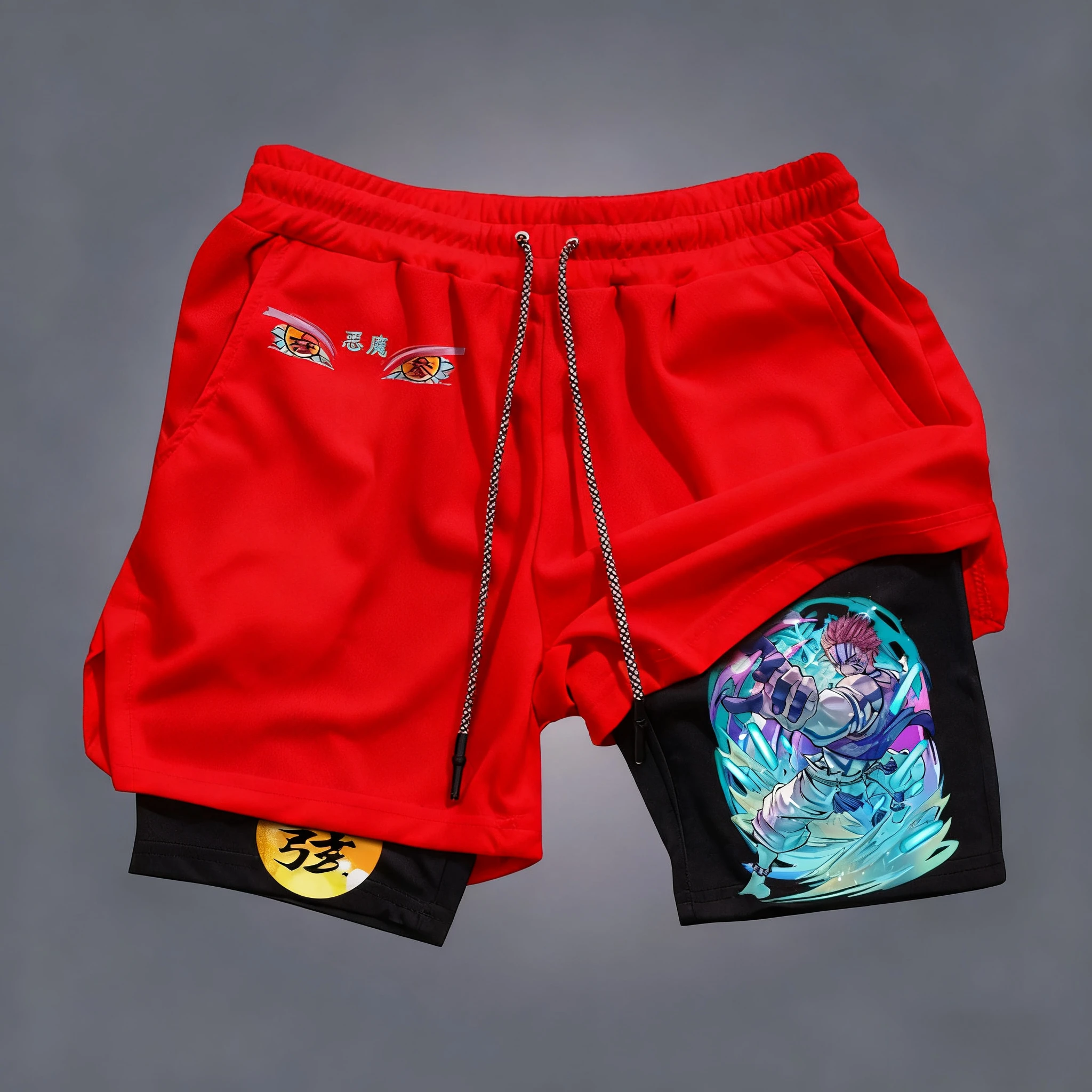 شيطان القاتل Akaza أنيمي مطبوعة طبقة مزدوجة السراويل 2026 الصيف الرجال اللياقة البدنية تنفس التجفيف السريع Y2K 2 في 1 السراويل الرياضية