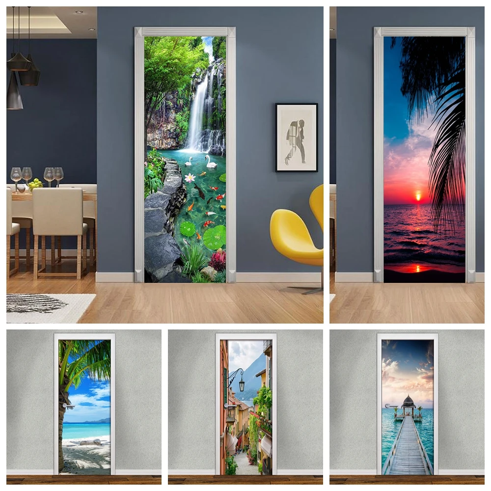 

3D Vinyl Deal Seaside Landscape Door Sticker Wallpaper Peel And Stick Self Adhesive Removable Door Decor Art Sticker Poster