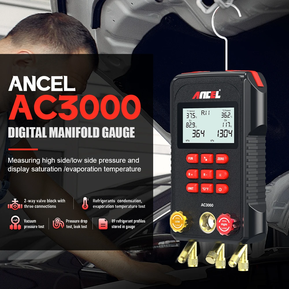 Ancel AC3000 Digital Manifold Gauge Refrigeration Digital Vacuum Pressure Tester Leakage Monitor Detector Car Diagnostic Tool