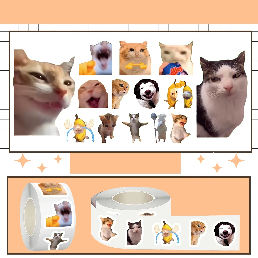 500pcs/Roll Cute Cat Animal Stickers Funny MEME Creative Decals DIY Luggage Phone Skateboard Seal Label Decoration Sticker Gift