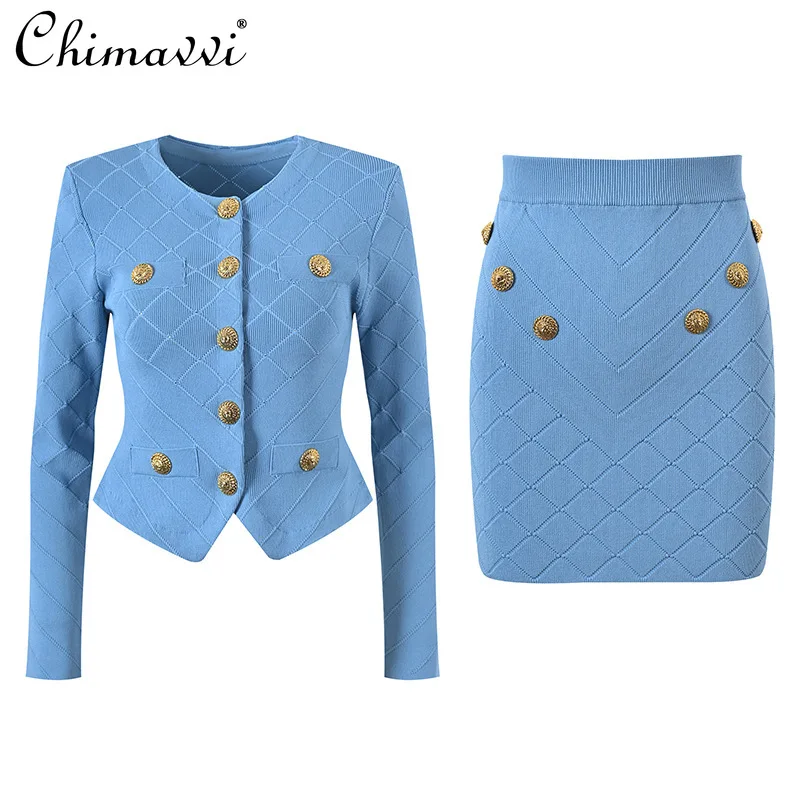 

French Fashion Skirt Set Spring and Autumn New Round Neck Gold Buckle Knitted Cardigan Skirt Elegant OL Women Two-piece Set