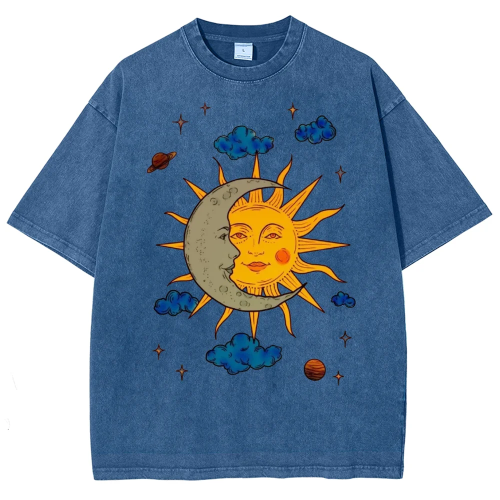Vintage Washed Sun Moon Face Graphic T‑Shirt Women Celestial Cloud Planet Star Print Short Sleeve Tees Crew Neck Casual Tops