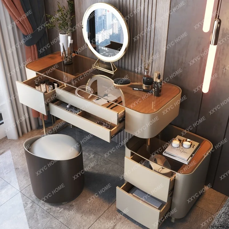 SS Light luxury dresser, all solid wood storage cabinet, integrated small apartment, tempered glass makeup table