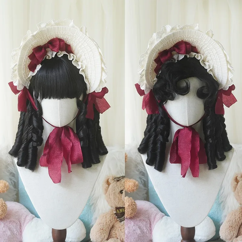Synthetic Roman Roll Retro Princess Black Brown Golden Short Curly Hair With Bangs Lolita Anime Wig Oberl Woman Party CosplayWig