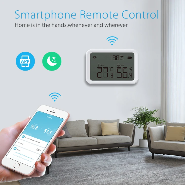 Tuya WIFI умный датчик температуры и влажности Крытый ЖК-цифровой дисплей освещенность интеллектуальная связь сцен управления через приложение