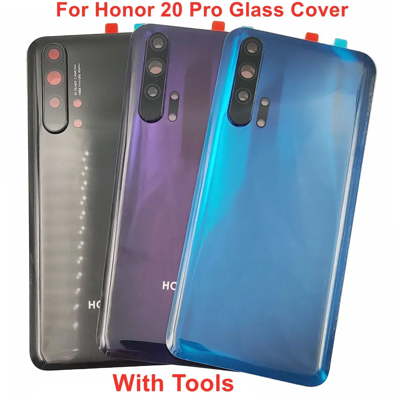 

Стеклянная Крышка батарейного отсека для Huawei Honor 20 Pro, жесткая задняя крышка, задняя панель, чехол + объектив камеры + клей