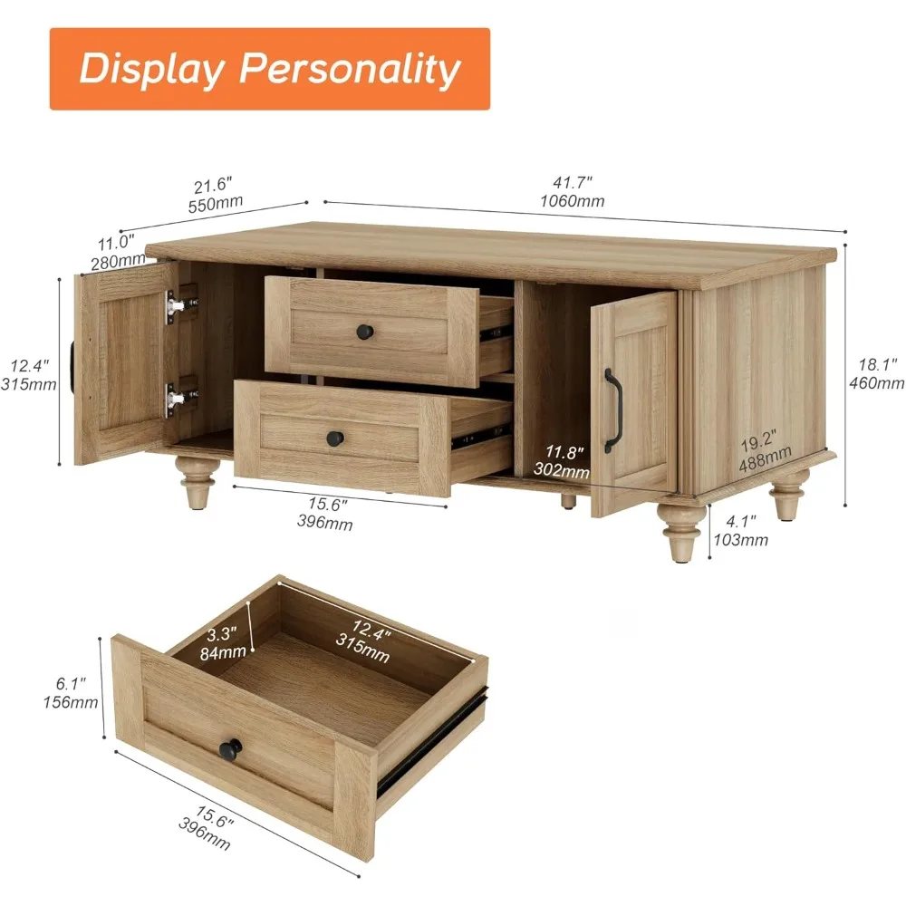 Mesa de centro rústica de madera para sala de estar, mesa central rectangular con cajones