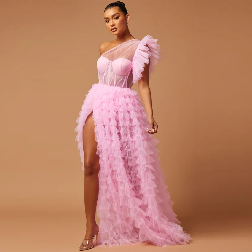 

Длинные вечерние платья в стиле высокой моды с боковым разрезом, многослойные из тюля, для выпускного вечера, А-силуэт, сексуальное выпускное платье, персонализированное.