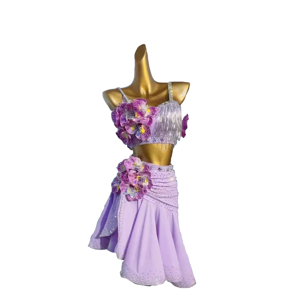 Kostium do tańca latynoamerykańskiego na scenę, ekskluzywny, szyty na miarę, Cha Cha Tango Standard, profesjonalna sukienka, kwiecista spódnica.