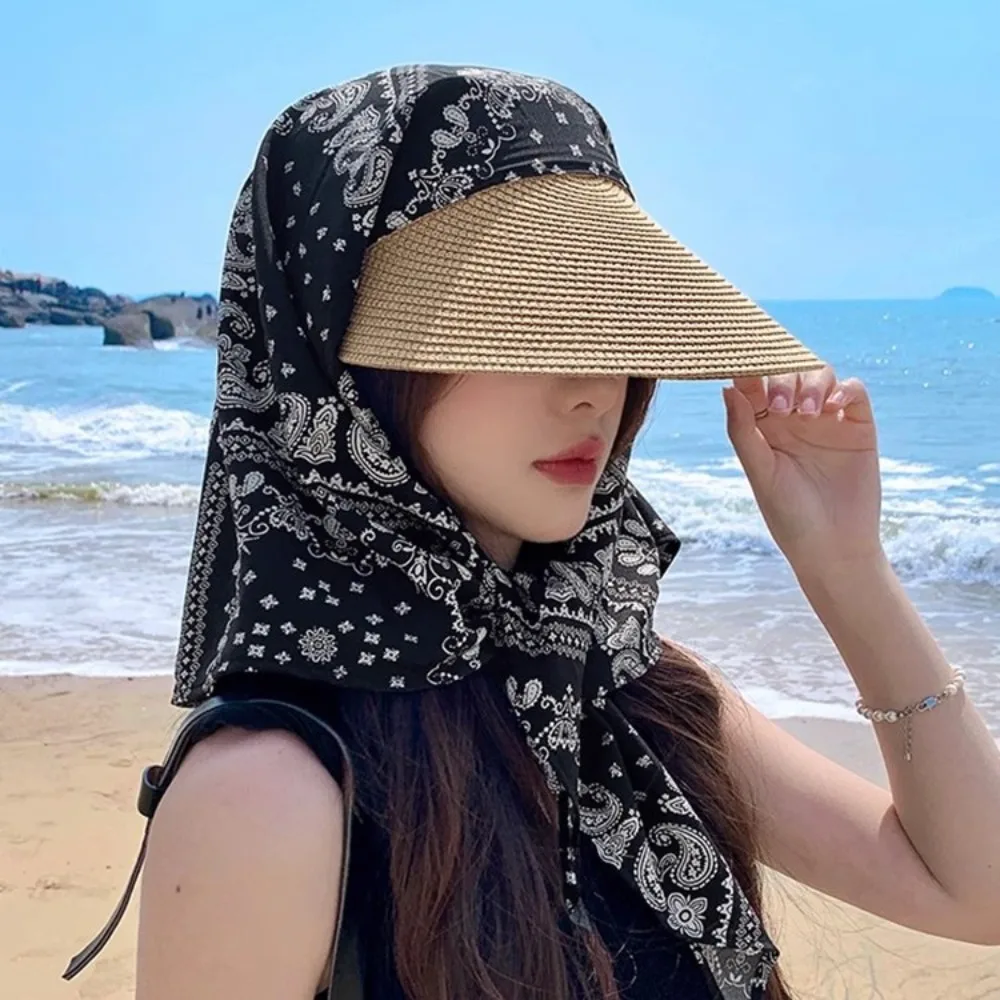 

2025 Summer Neck Protection Sunscreen Hat Grass Weaving Empty Top Sunscreen Hat Seaside Vacation Headscarf Hat