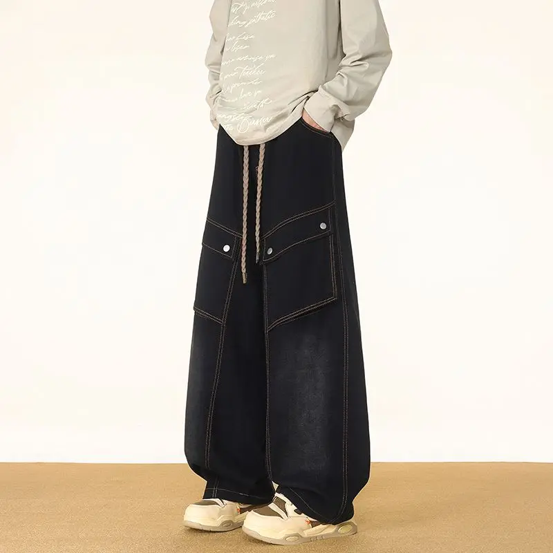 بنطال جينز رجالي مقاس كبير كاجوال أمريكي واسع الساق مع جيوب متعددة بنطال عمل عصري ومتعدد الاستخدامات