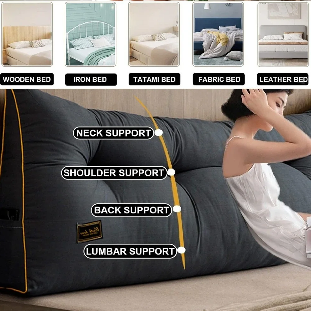 Headboard Triangular Cushion Removable Reading Wedge Pillows Backrest Support with Pockets Storage for Bed Ssofa Coussin Canapé