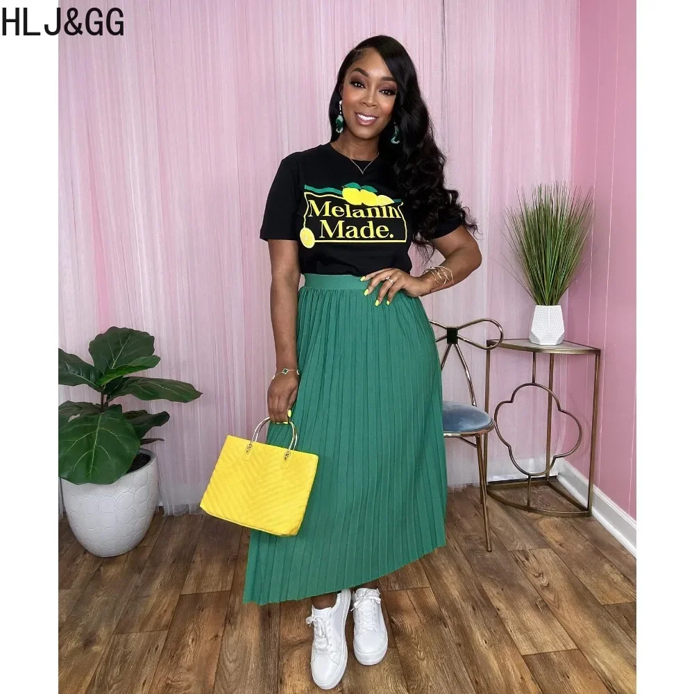 HLJ&GG Casual Letter Print Pleated Skirts Two Piece Sets Women O Neck Short Sleeve Tshirt And Skirts Outfit Female 2pcs Clothing