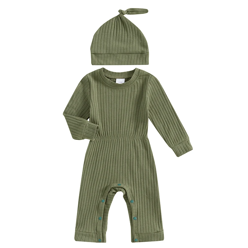 

Baby Boys Rompers Solid Color Ribbed Knit Round Neck Long Sleeve Toddler Fall Bodysuits Jumpsuits with Hat