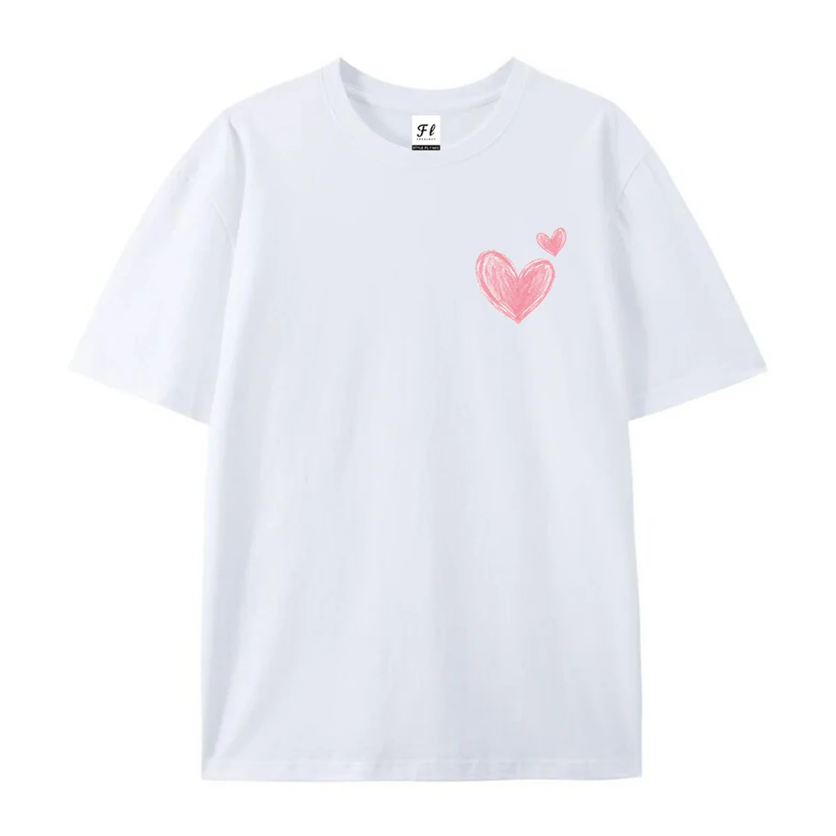 Minimalist Pink Hand Drawn Heart T-shirt Cute Doodle Two Hearts Left Chest Graphic Tee Simple Casual Love Shirt for Women, Val
