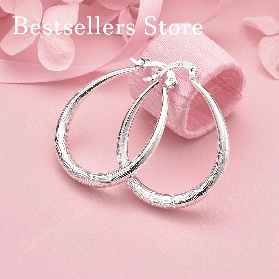 

925 Sterling Silver 30mm Exquisite Wave Textured Large Hoop Earrings for Women Fashion Gift Accessories Party Jewelry