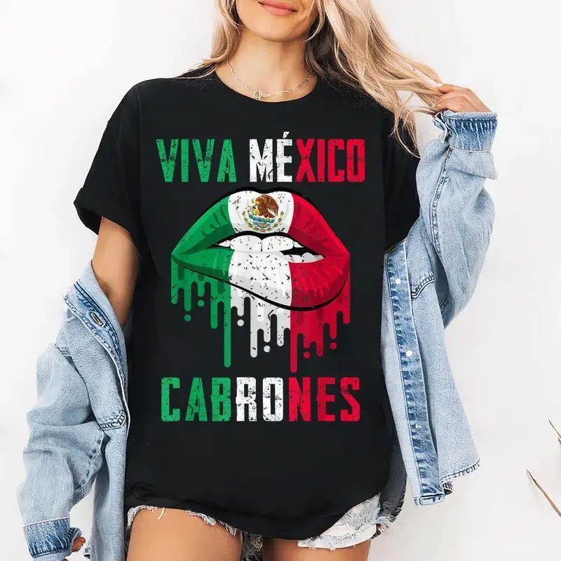 

Viva Mexico Cabrones T-Shirt Mexican Flag Lips Graphic Tee Oversized Streetwear Unisex Top for Independence Day or Party Look