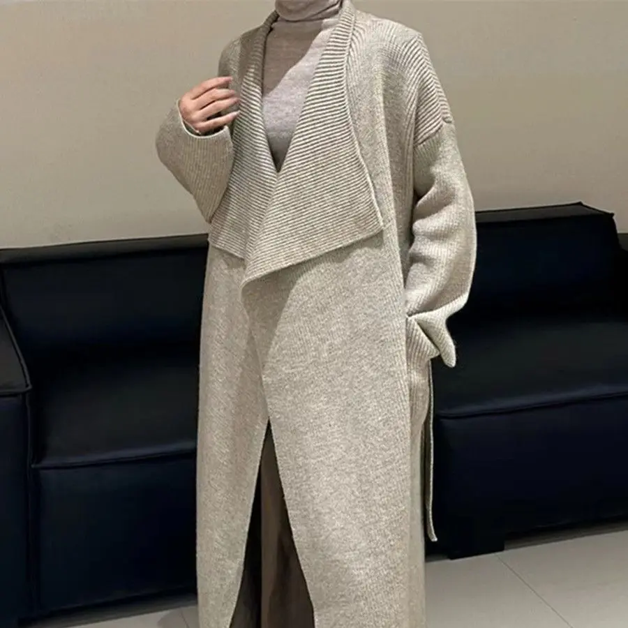 

Autumn Winter 2025 Women Knitted Long Cardigan Sweaters Y2k Jumpers Big Turn Down Collar Full Sleeves Open Stitch Loose Casual