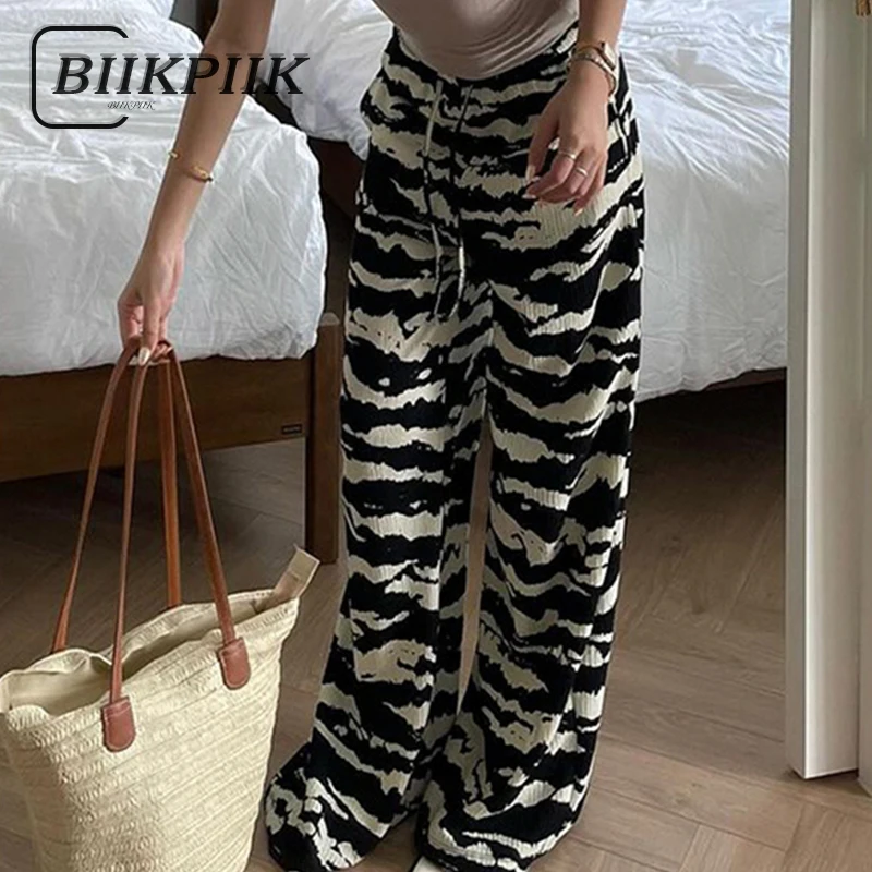 BIIKPIIK Zebra-striped Casual Pants Fashion Black White Contrast Color Knit Pants Loungewear Drawstring Straight Trousers Autumn