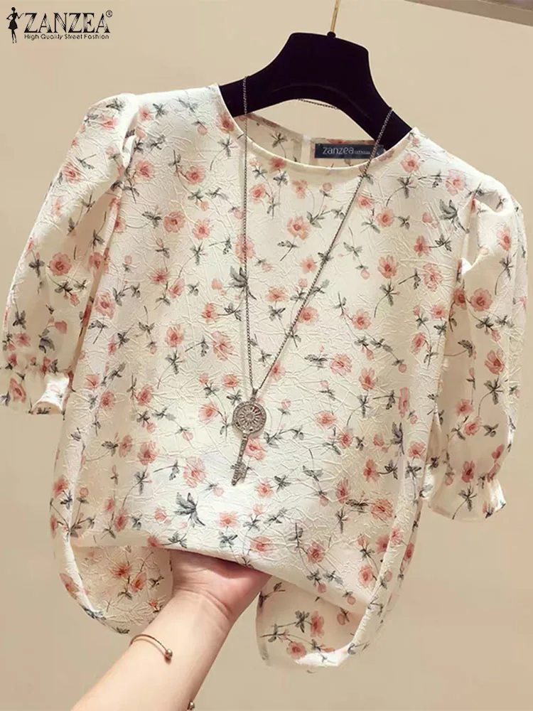 ZANZEA Women Korean Style Tunic Tops 2024 Summer Fashion Floral Print Textured Shirts Puff Sleeve Elegant Casual Party Blouses