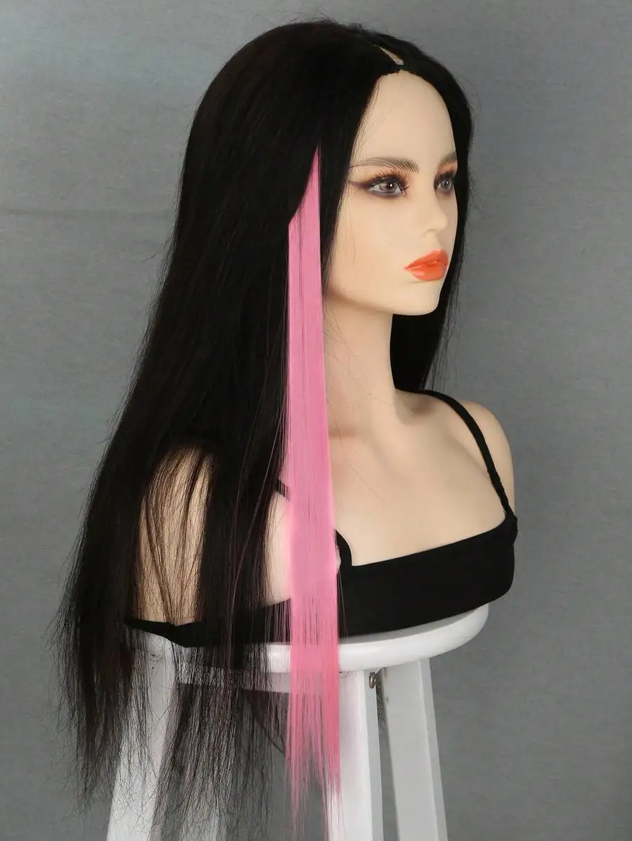 

5pcs Wine Red Clip-In Hair Extensions, 20 Inches Long Straight, Synthetic Material, Suitable For Halloween Cosplay