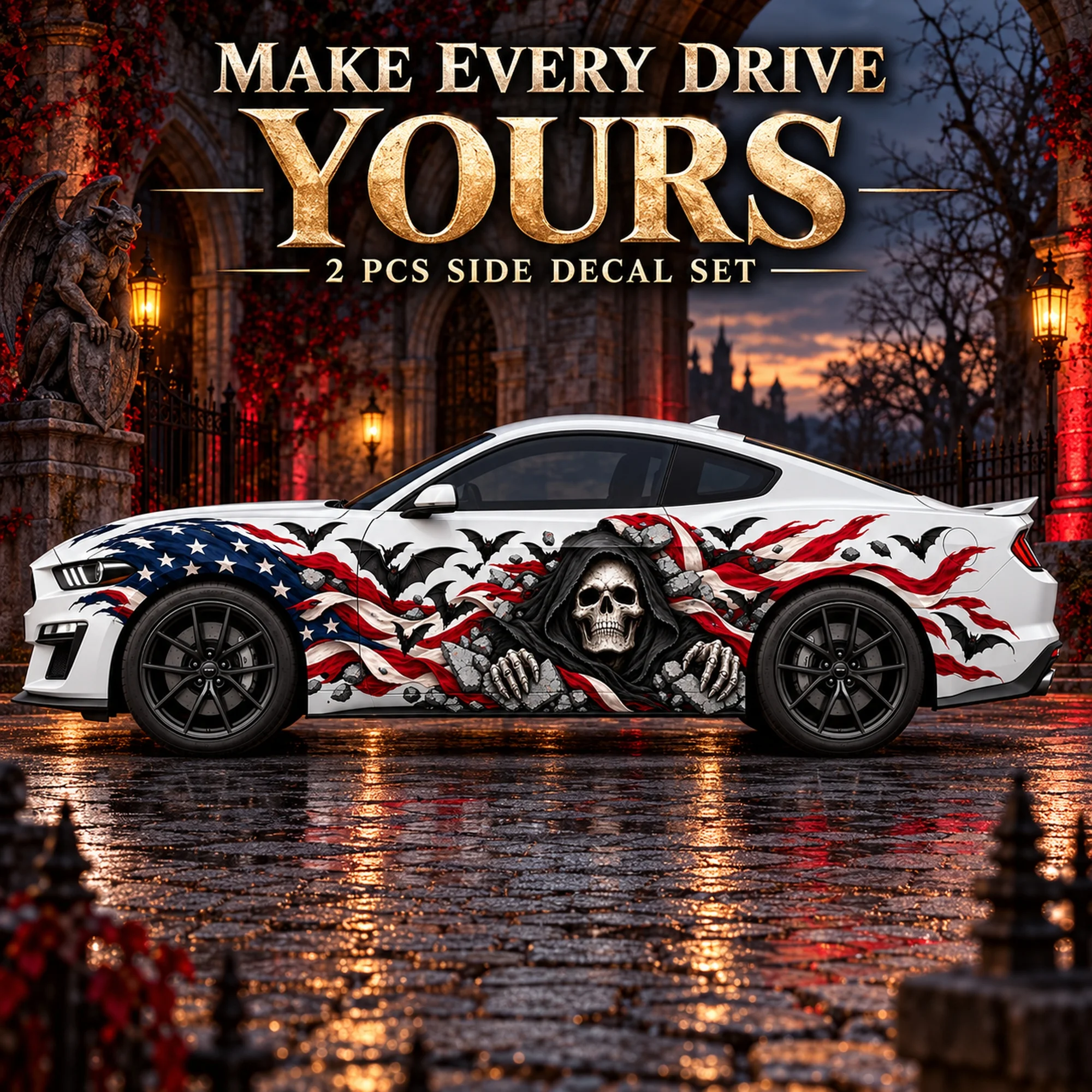 2 PCS American Flag Bat Reaper Car Side Decals, Die-Cut Vinyl Sticker Set