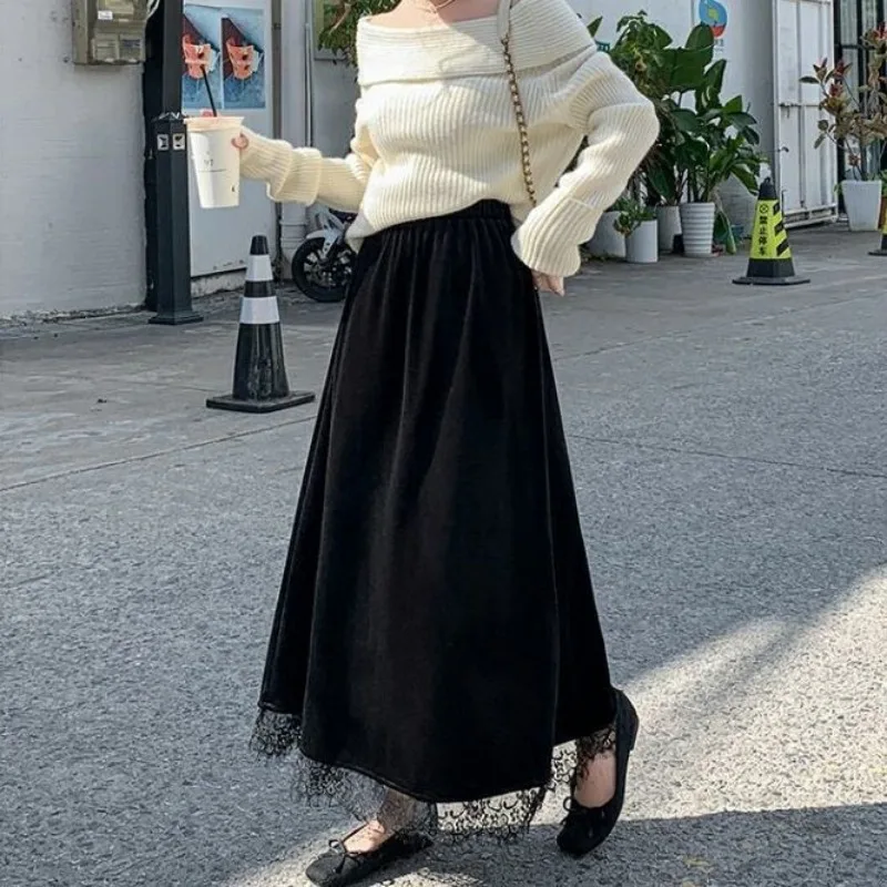 Women Autumn Winter Velvet Midi Skirt High Waist A Line Swing Skirt Lace Hem Spliced Retro Draped Long Skirt Black