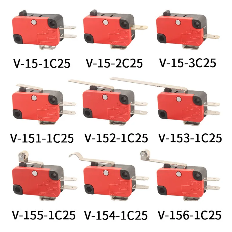 10pcs V-15 V-151 V-152 V-153 V-154 V-155 V-156-1C25 MicroSwitch 16A 250VAC SPDT Momentary Travel จํากัด Micro Switch Lever Roller