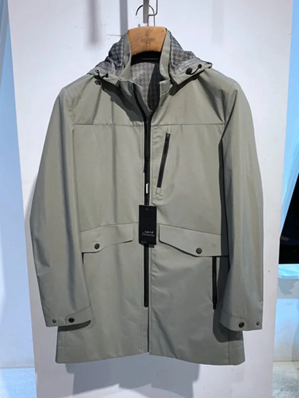 

Весенняя тонкая мужская куртка с воротником-стойкой, съемным капюшоном, на молнии, без видимых швов, деловой повседневный стиль, верхняя одежда из полиэстера, с длинными рукавами
