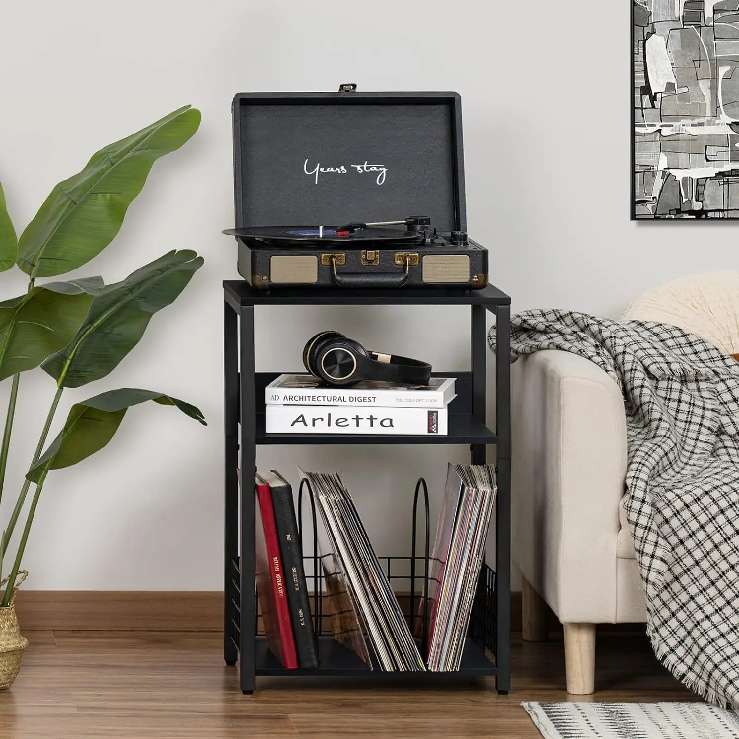 Black edge table, small edge table with metal frame, modern recorder stand with storage rack, wooden three-layer bedside table