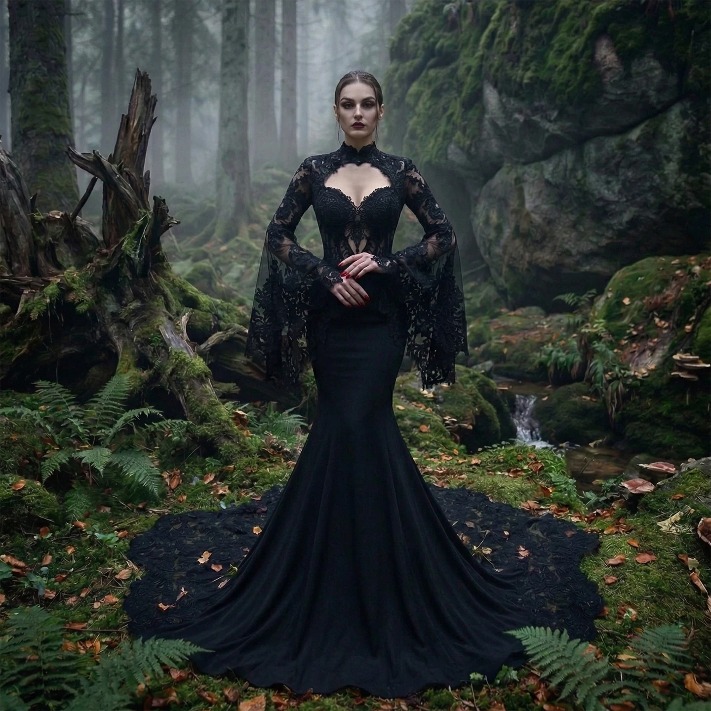 

Sharon Said Black Gothic Mermaid Wedding Dress 2026 Long Scalloped Train Bell Sleeves Sheer Corset Bridal Gowns SW562 Customized