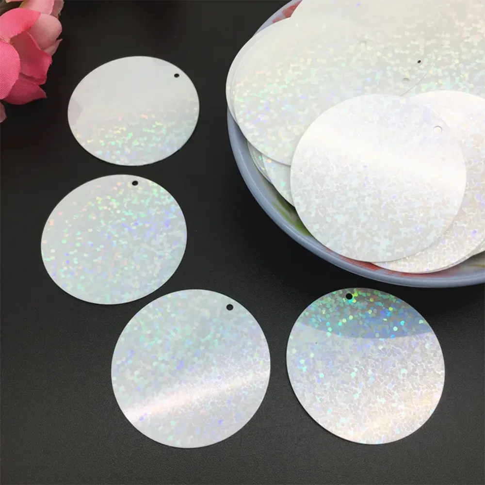 20pcs Large Round Sequins 80mm PVC Flat Paillette Hologram Decoration 2 Side Hole Laser White