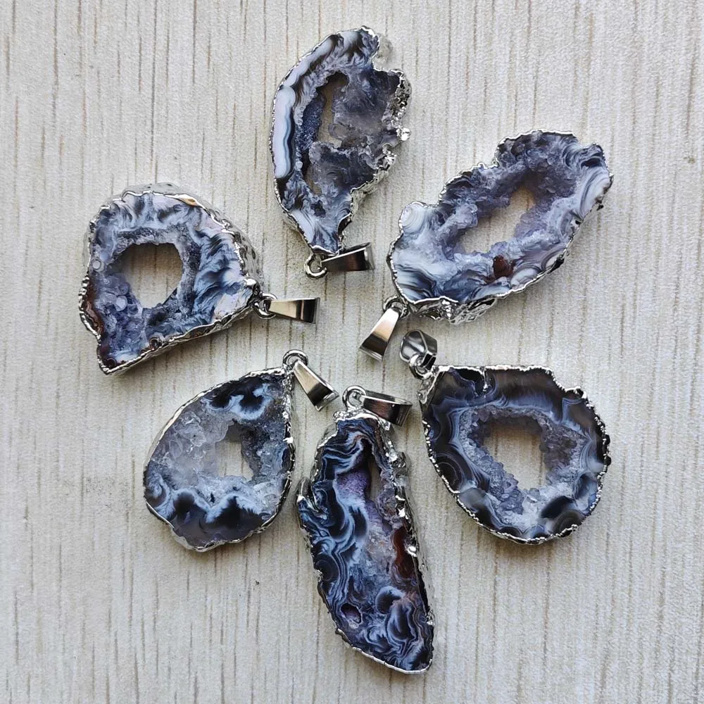 

Natural Agates silver plated edged Slice open geode Irregular pendants for necklaces jewelry making Wholesale 6pcs free shipping