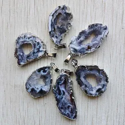 Natural Agates silver plated edged Slice open geode Irregular pendants for necklaces jewelry making Wholesale 6pcs free shipping